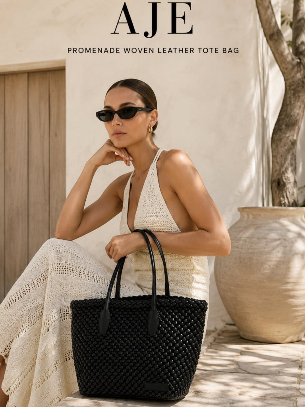 Aje Promenade Woven Leather Tote Bag Black Large Handbag Shopper Italy